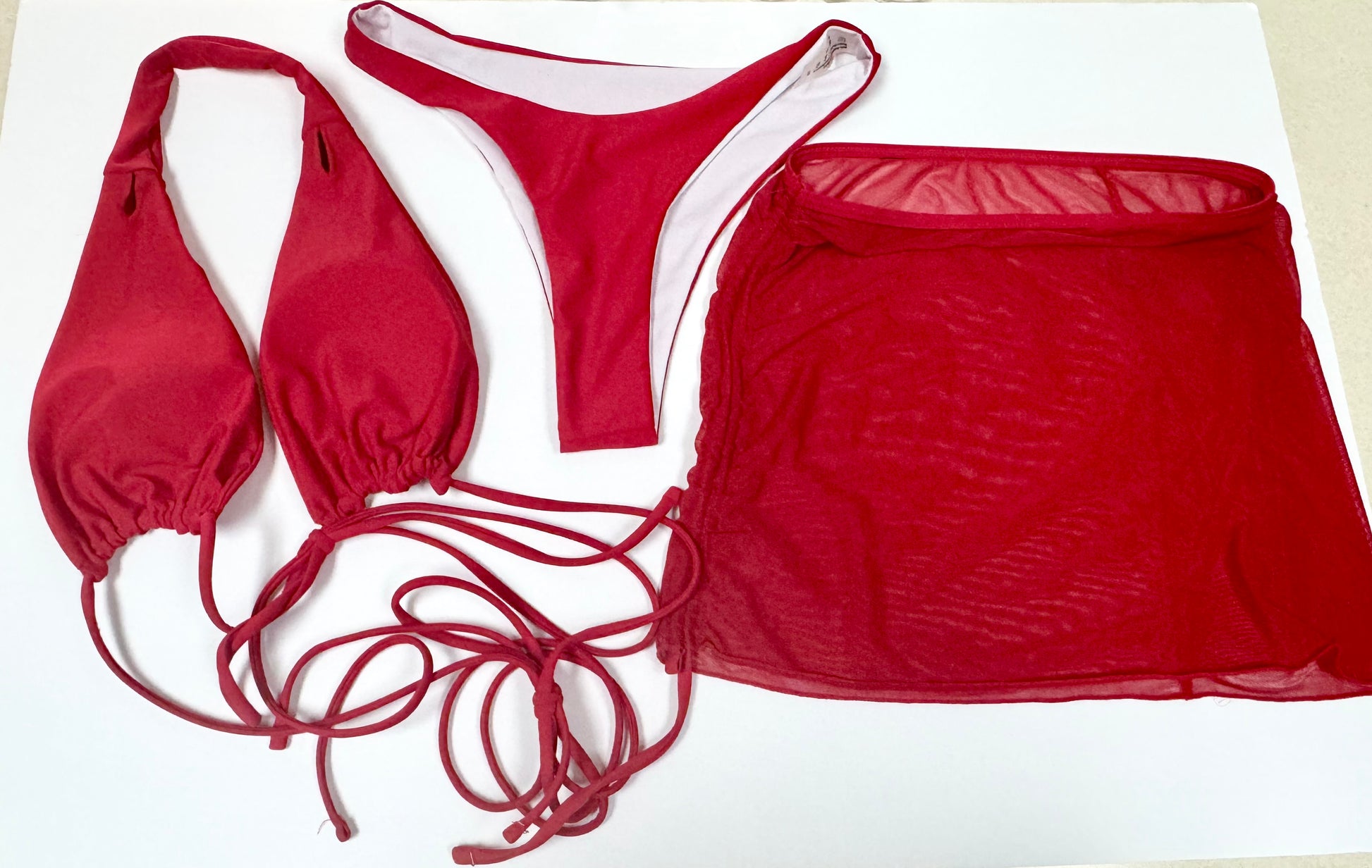 Red 3-Piece Bikini Set with Mesh Cover-Up Skirt