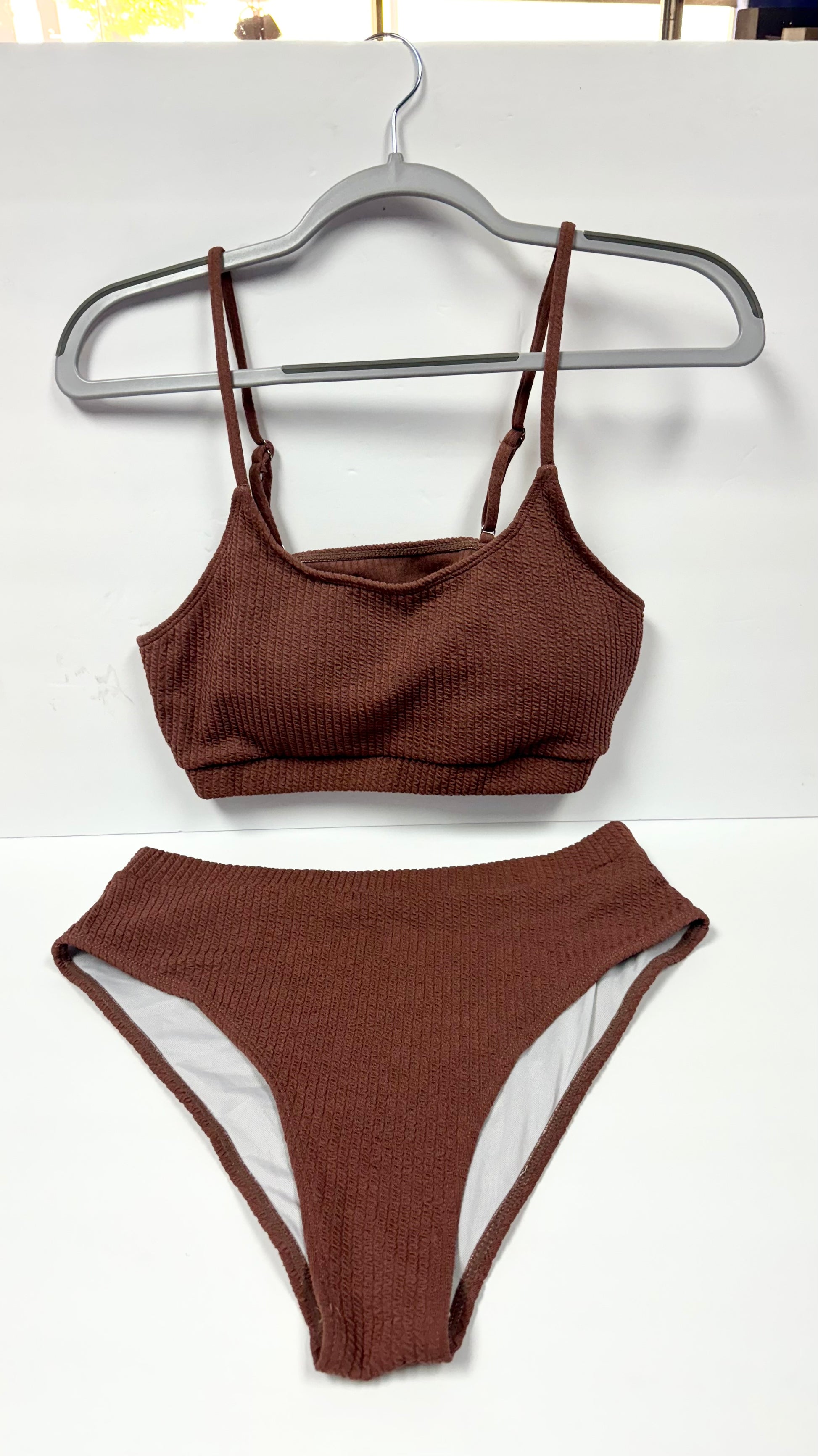 Brown Textured Smocked Bikini Set