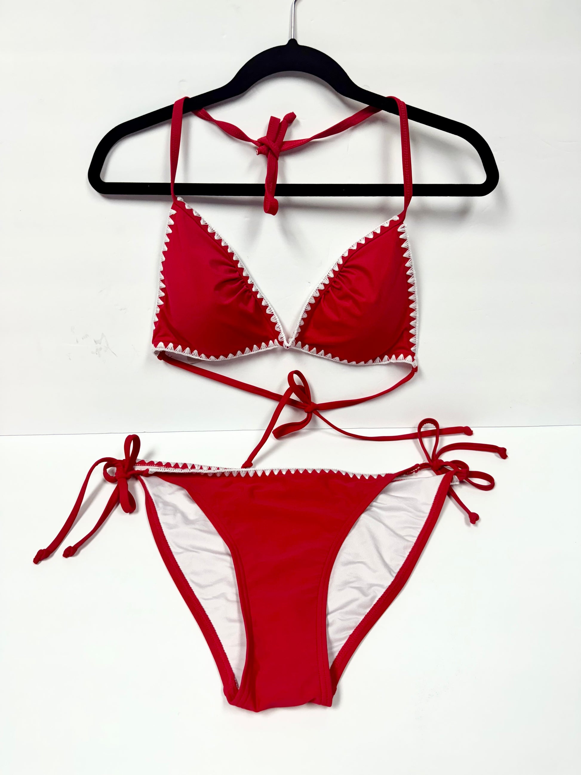Red Triangle Halter Bikini Set with Crochet Trim