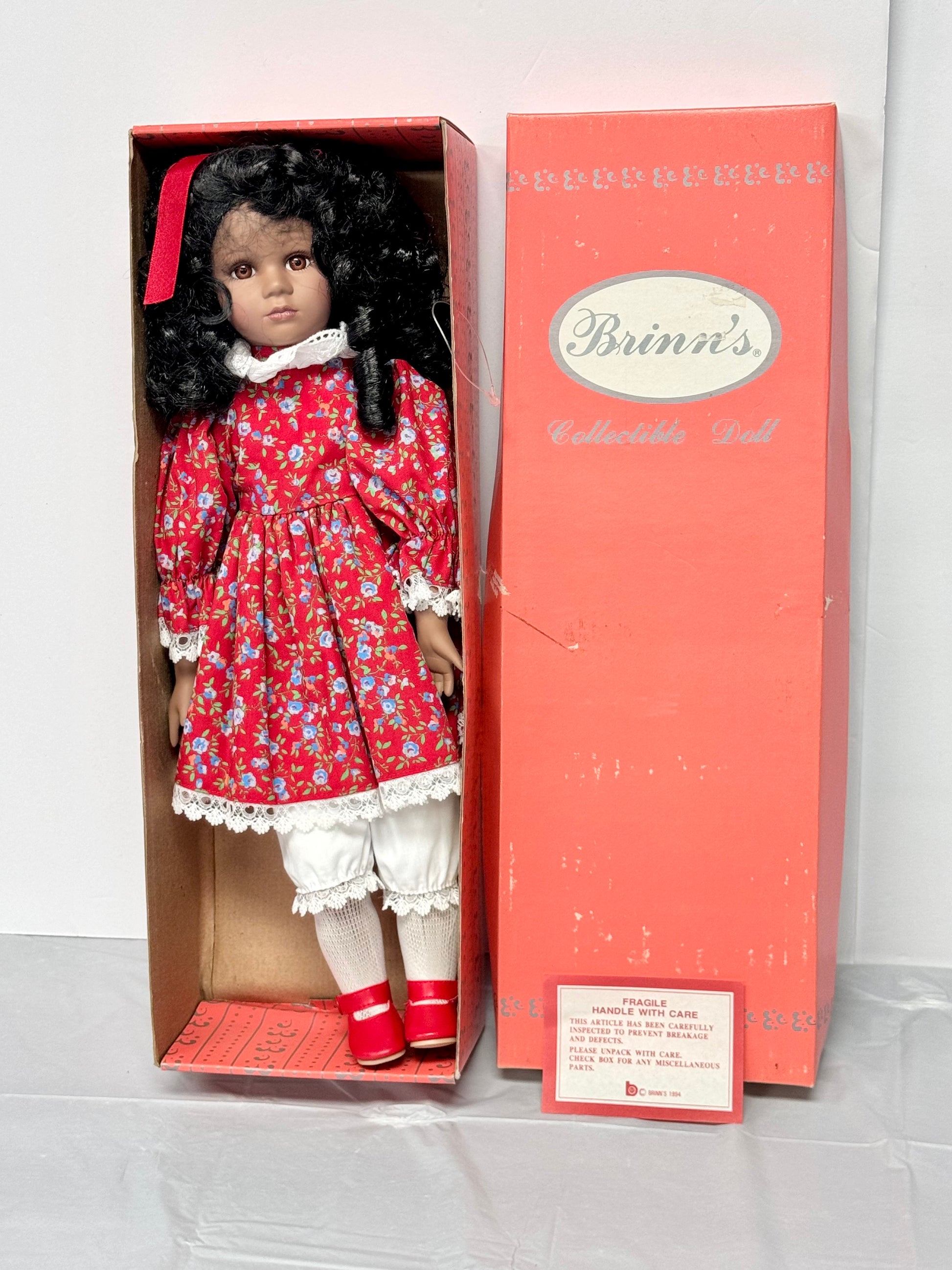 Danielle - Brinn's Collectible Porcelain Doll – Vintage Black Curls Brown Eyes Red Floral Dress in Original Box
