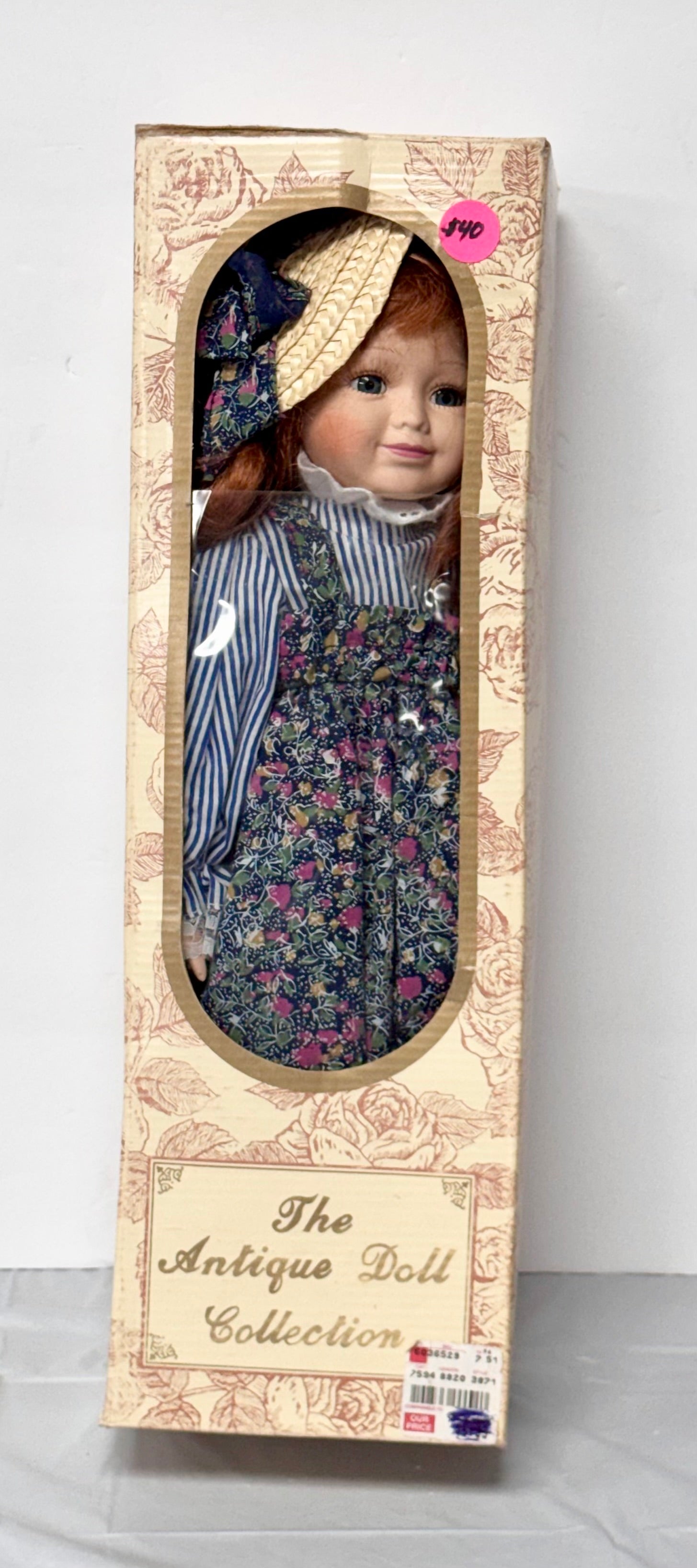 The Antique Doll Collection – Redhead Girl in Floral Jumper (Original Box)