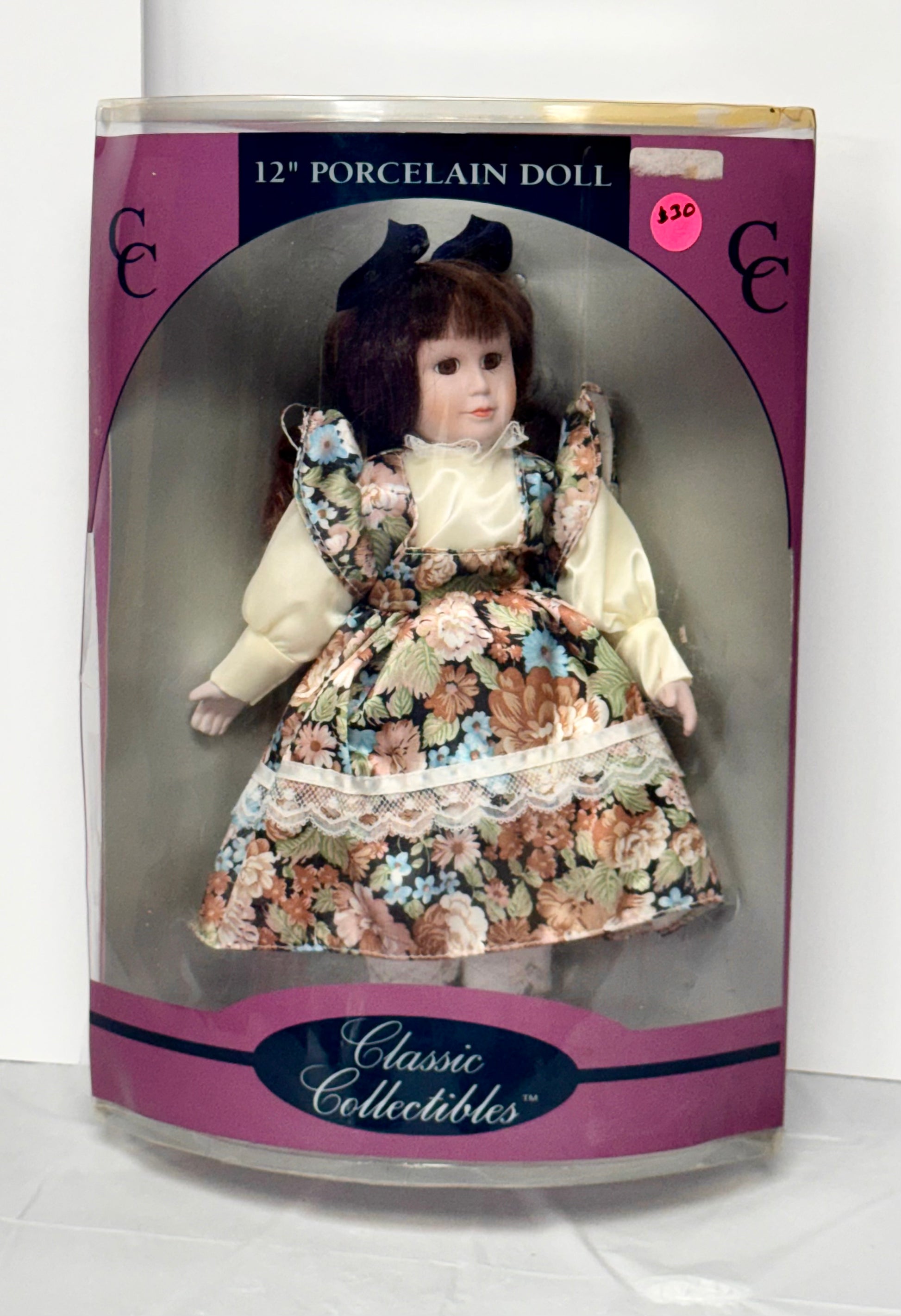 Classic Collectibles 12" Porcelain Doll – Brunette Girl in Floral Dress (Original Box)