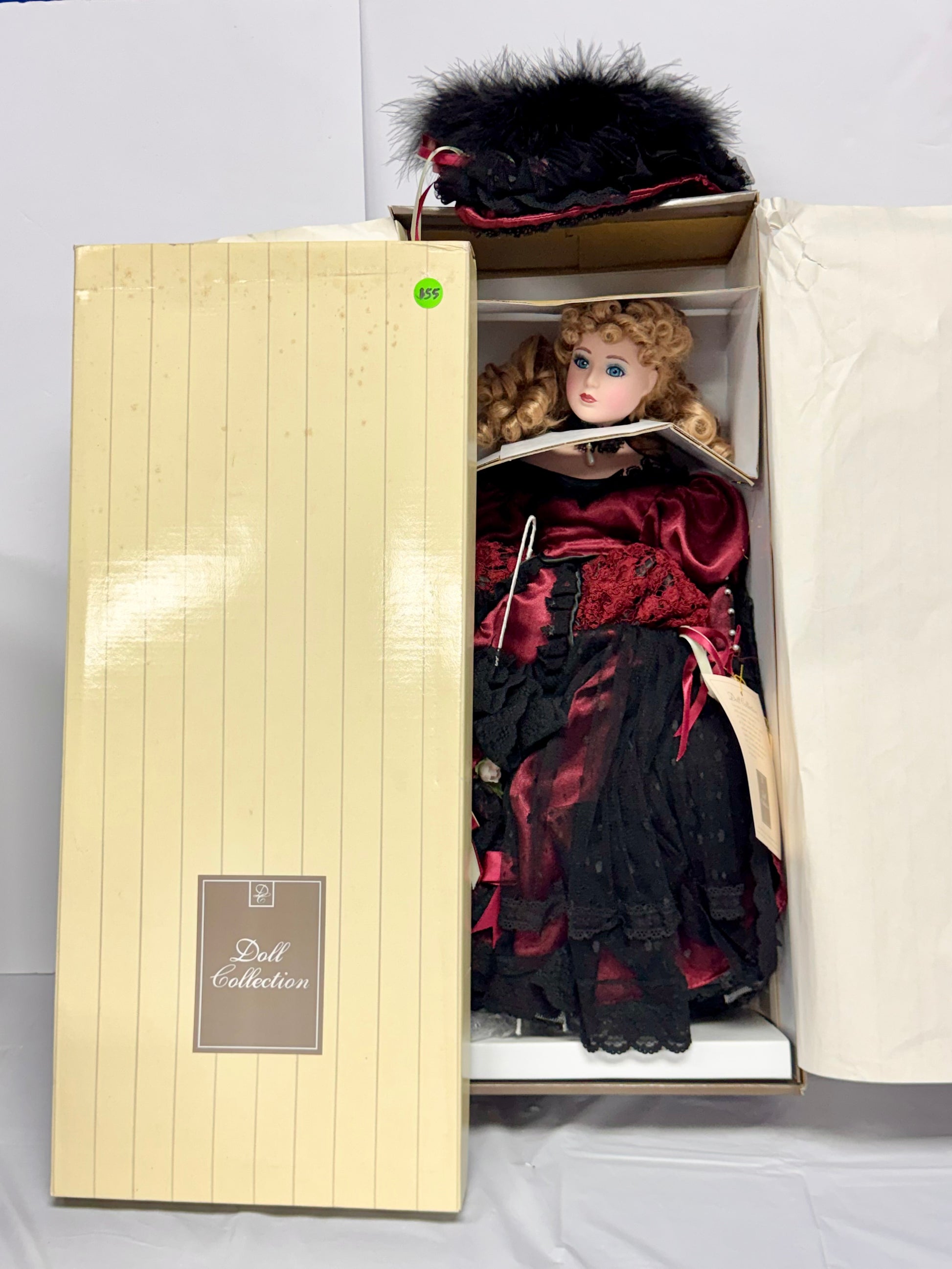 Doll Collection – Victorian Lady in Crimson & Black Gown with Feather Hat (Original Box)
