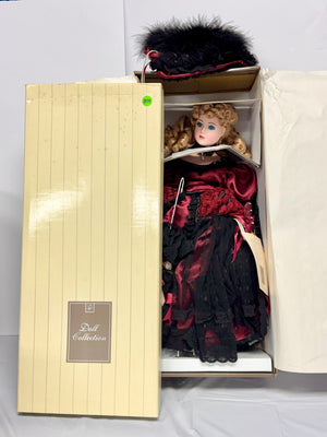 Doll Collection – Victorian Lady in Crimson & Black Gown with Feather Hat (Original Box)