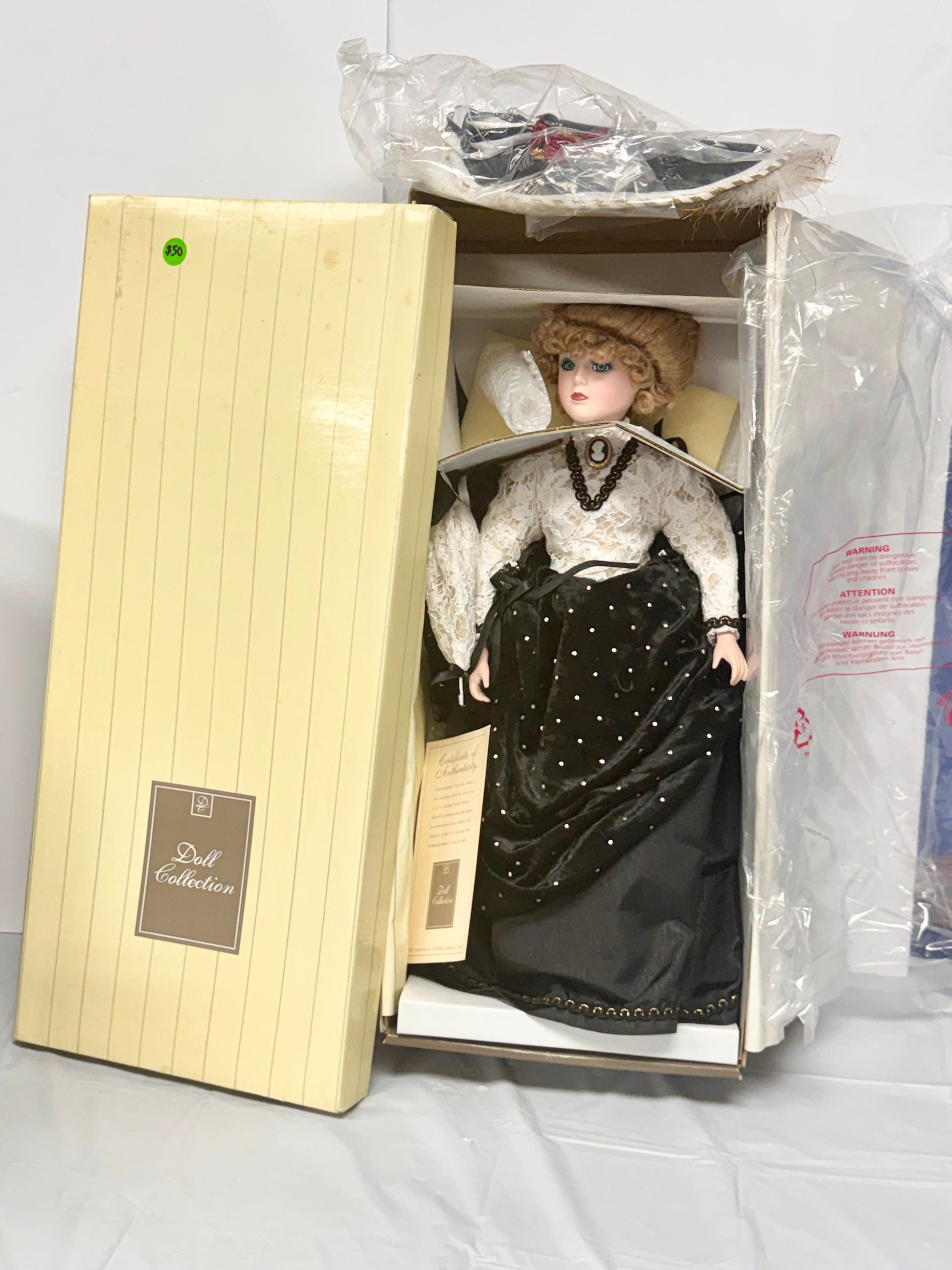 Doll Collection – Victorian Lady in Black Dotted Skirt & Cameo Necklace (Original Box)