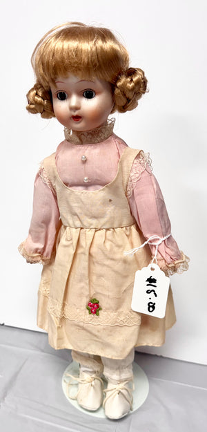 Vintage Girl Porcelain Collector Doll – Pink Dress & Pinafore