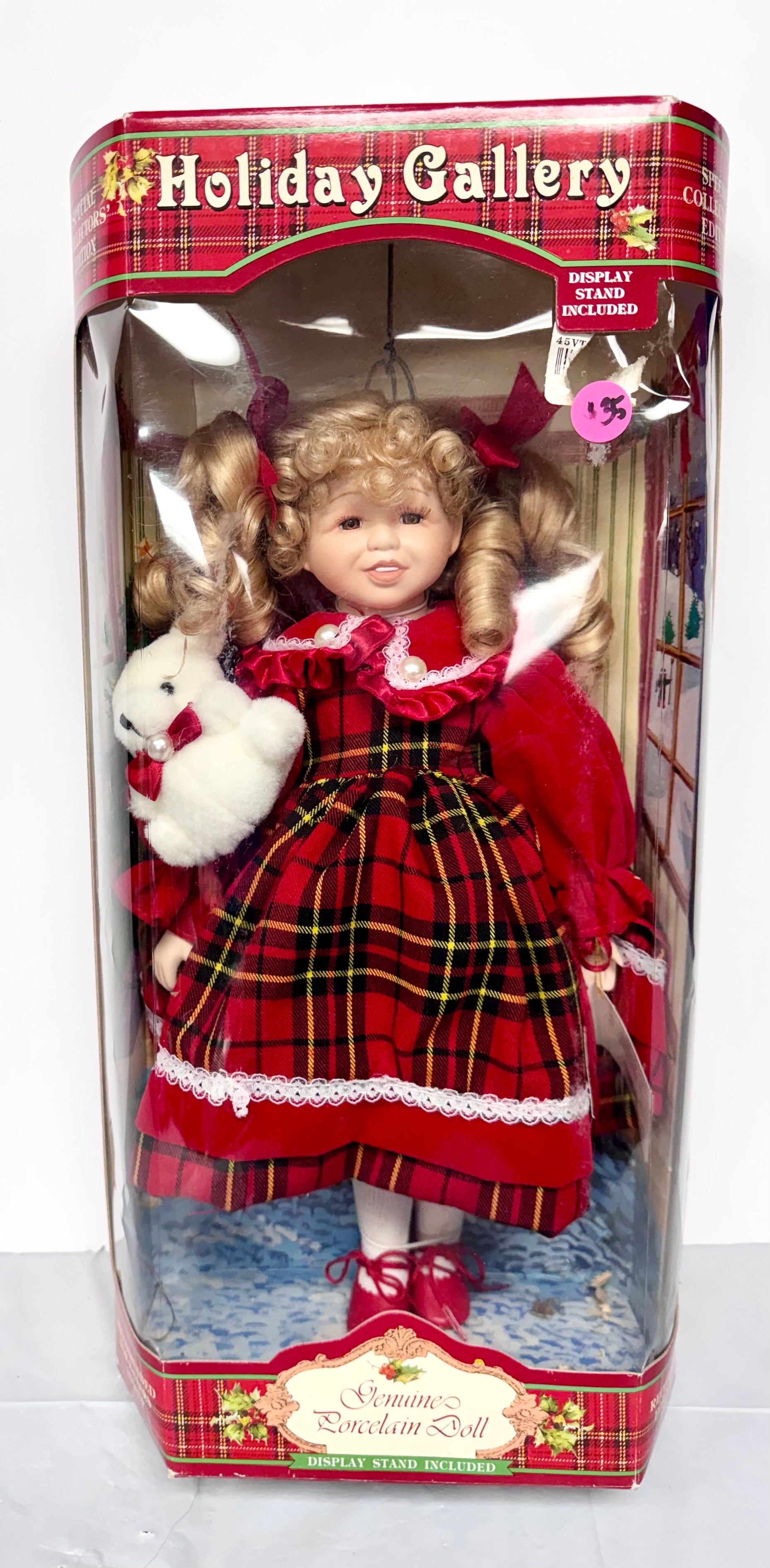 Holiday Gallery Genuine Porcelain Doll – Blonde Curls, Red Plaid Dress & Bunny