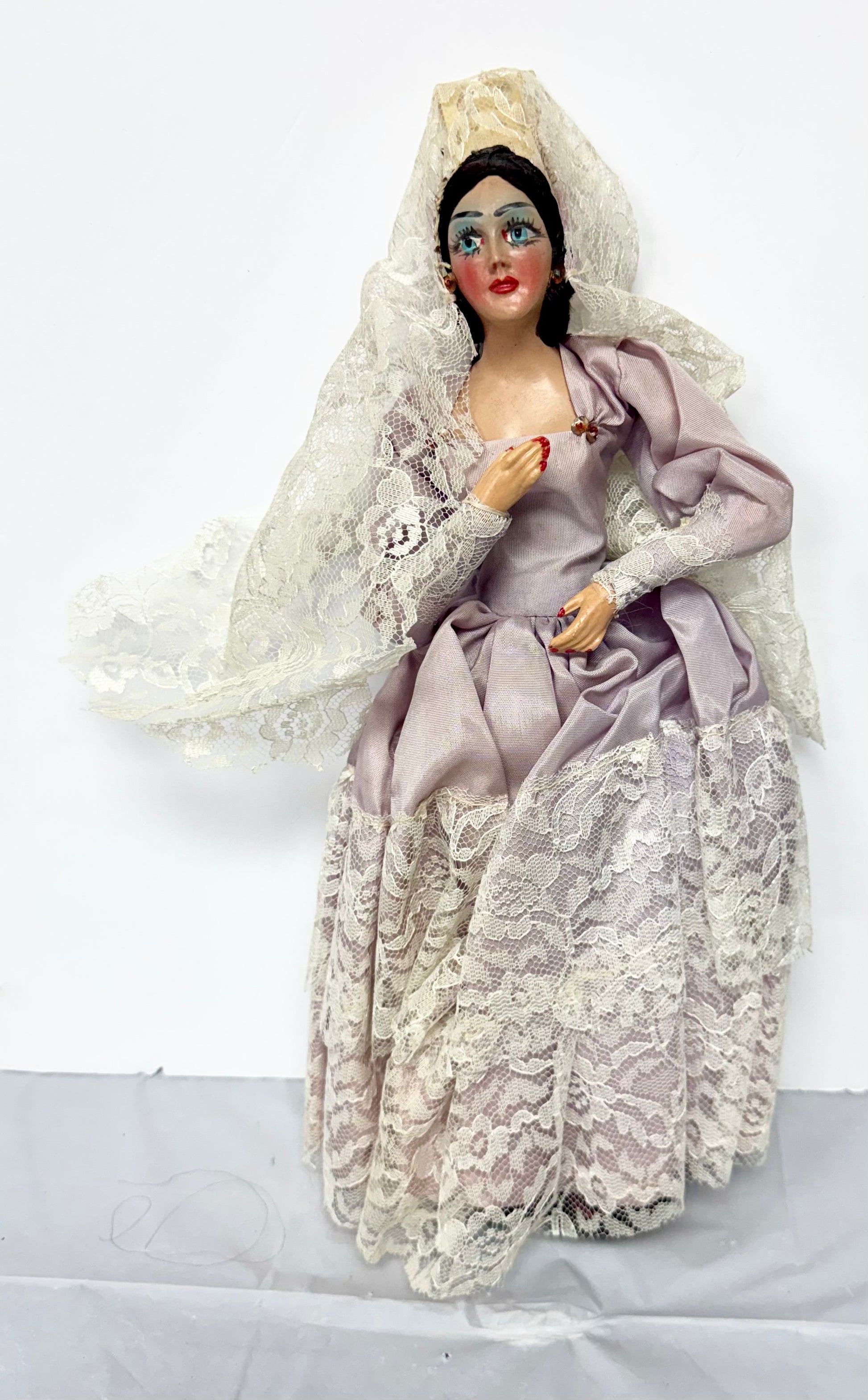 Vintage Boudoir Lady Doll – Lavender Silk & Lace Gown with Veil