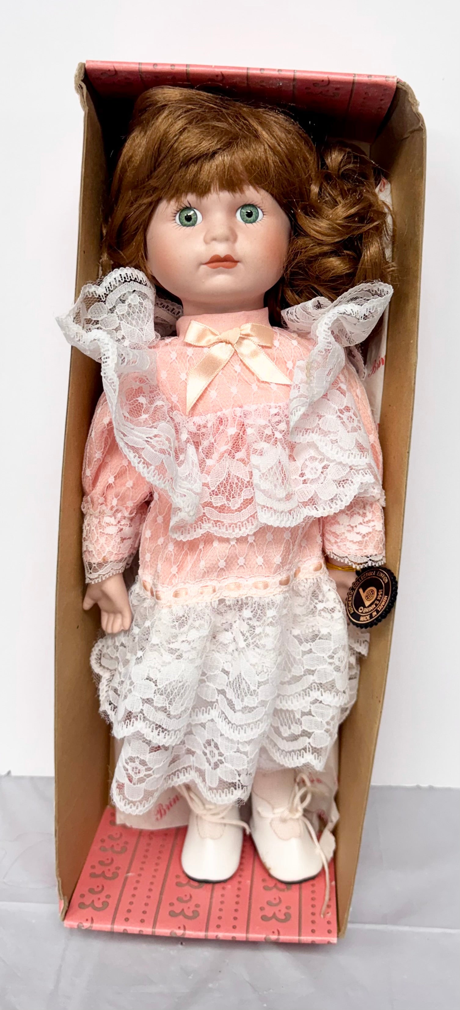Vintage Porcelain Girl Doll – Auburn Hair, Pink Lace Dress, Original Box