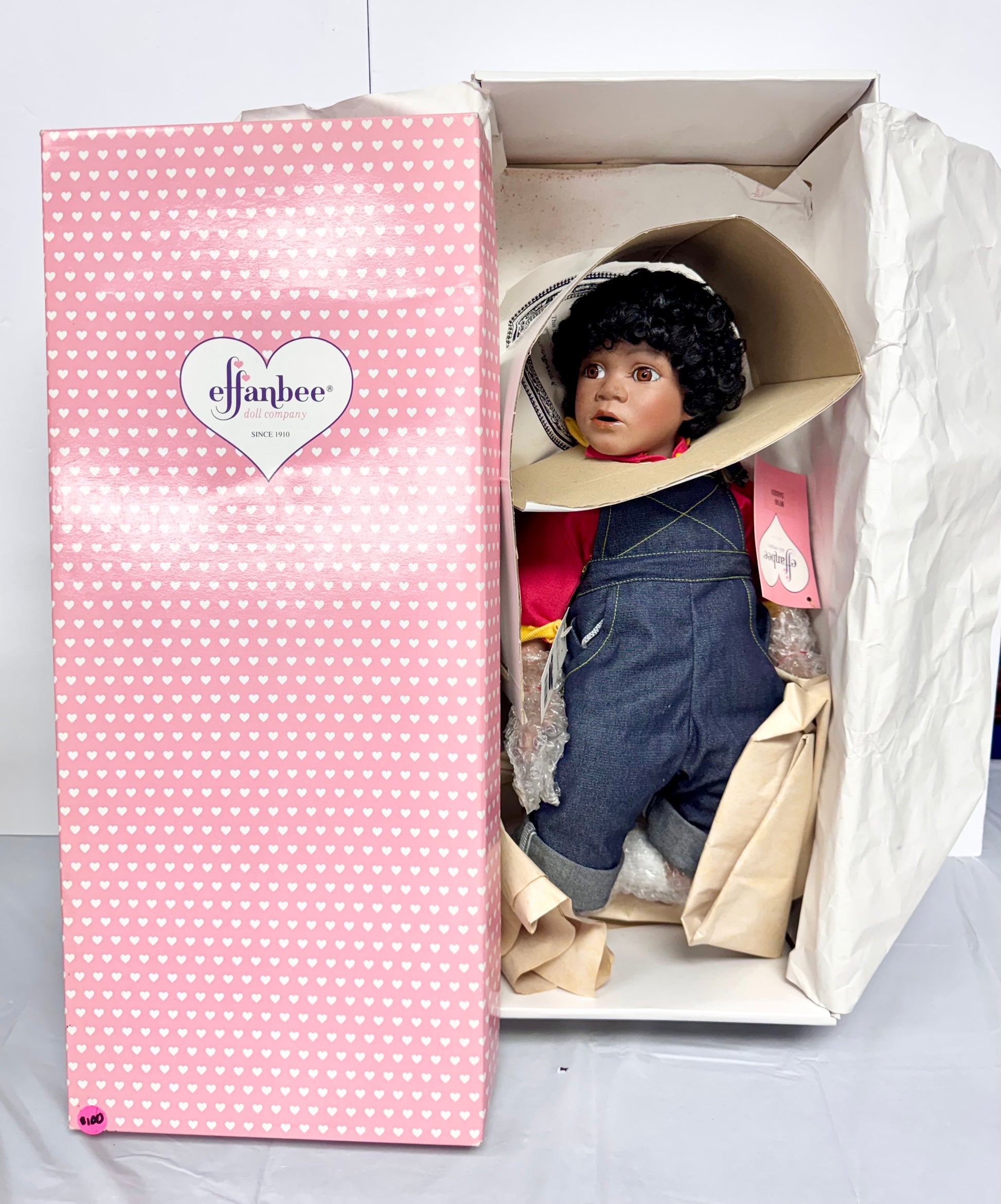 Effanbee Doll Company – Black Curly Hair, Denim Overalls & Wide-Brim Hat, Original Box