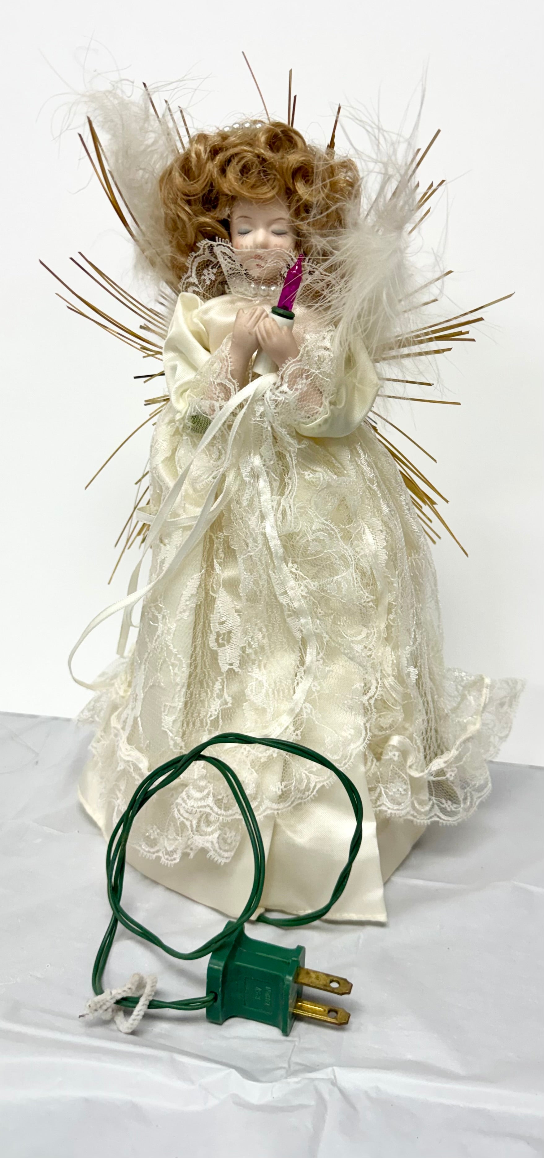 Porcelain Angel Tree Topper with Light — Ivory Lace & Gold