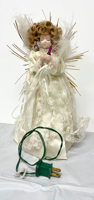 Porcelain Angel Tree Topper with Light — Ivory Lace & Gold