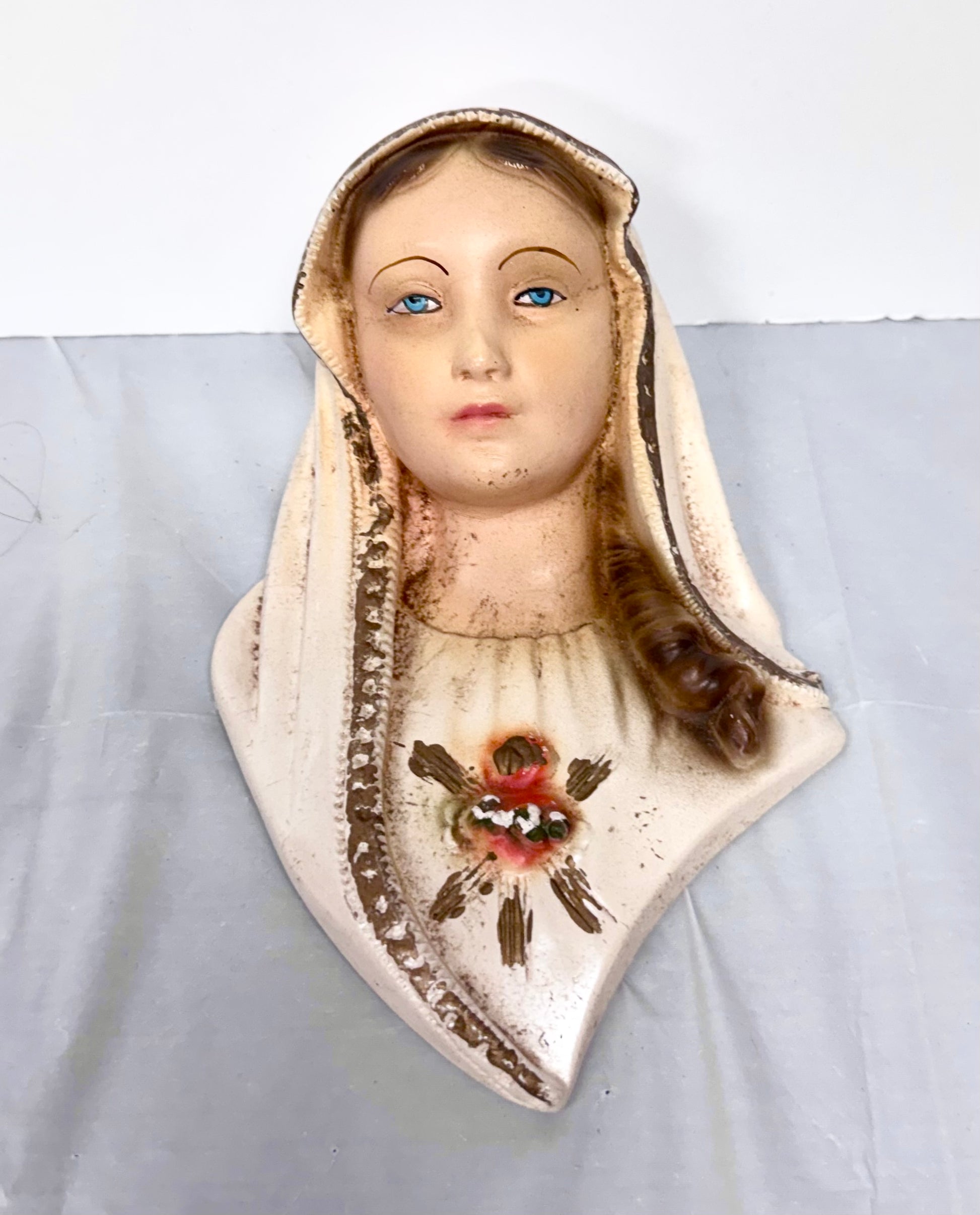 Vintage Virgin Mary Immaculate Heart Bust — Hand-Painted Religious Statue