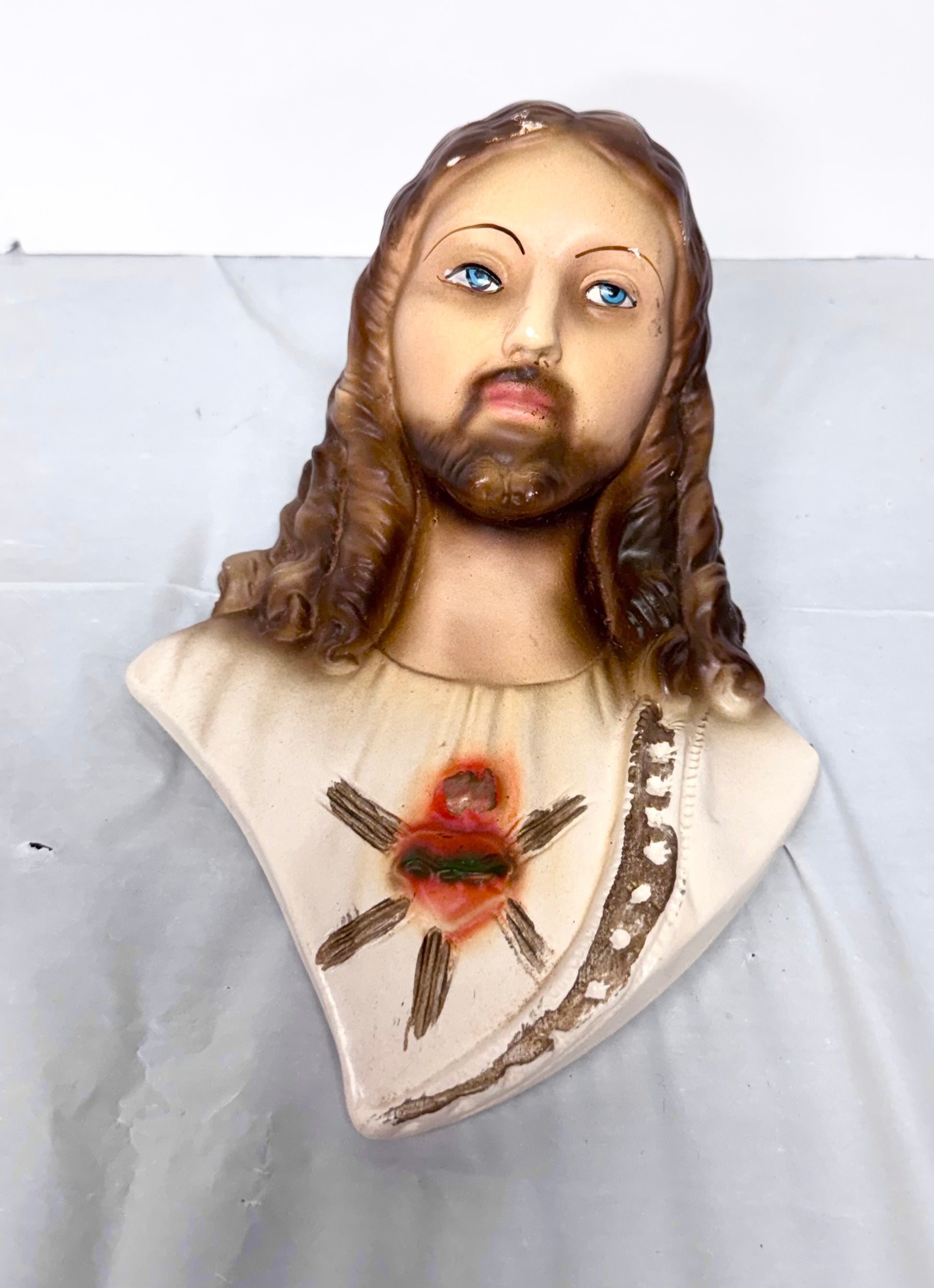 Vintage Sacred Heart of Jesus Bust — Hand-Painted Religious Statue