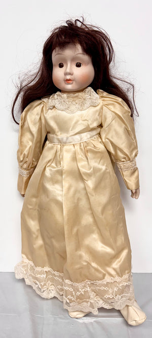 Vintage Porcelain Doll in Gold Satin Gown — Dark Hair & Brown Eyes